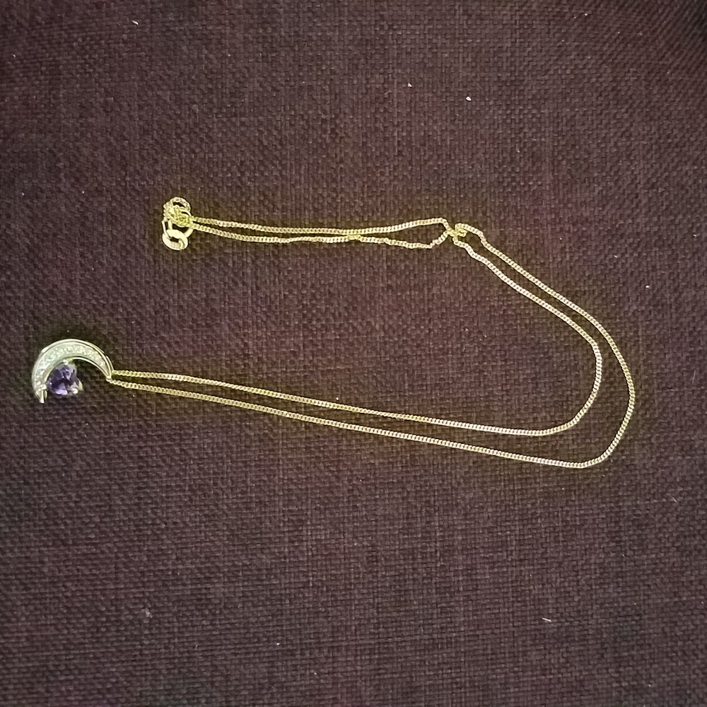 14K Gold Amethyst and Diamonds Moon Necklace